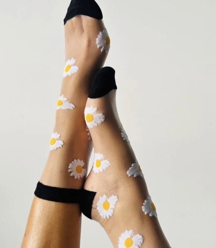 Sockette - Transparente Socken - Flora - schwarz mit weißen Margeriten