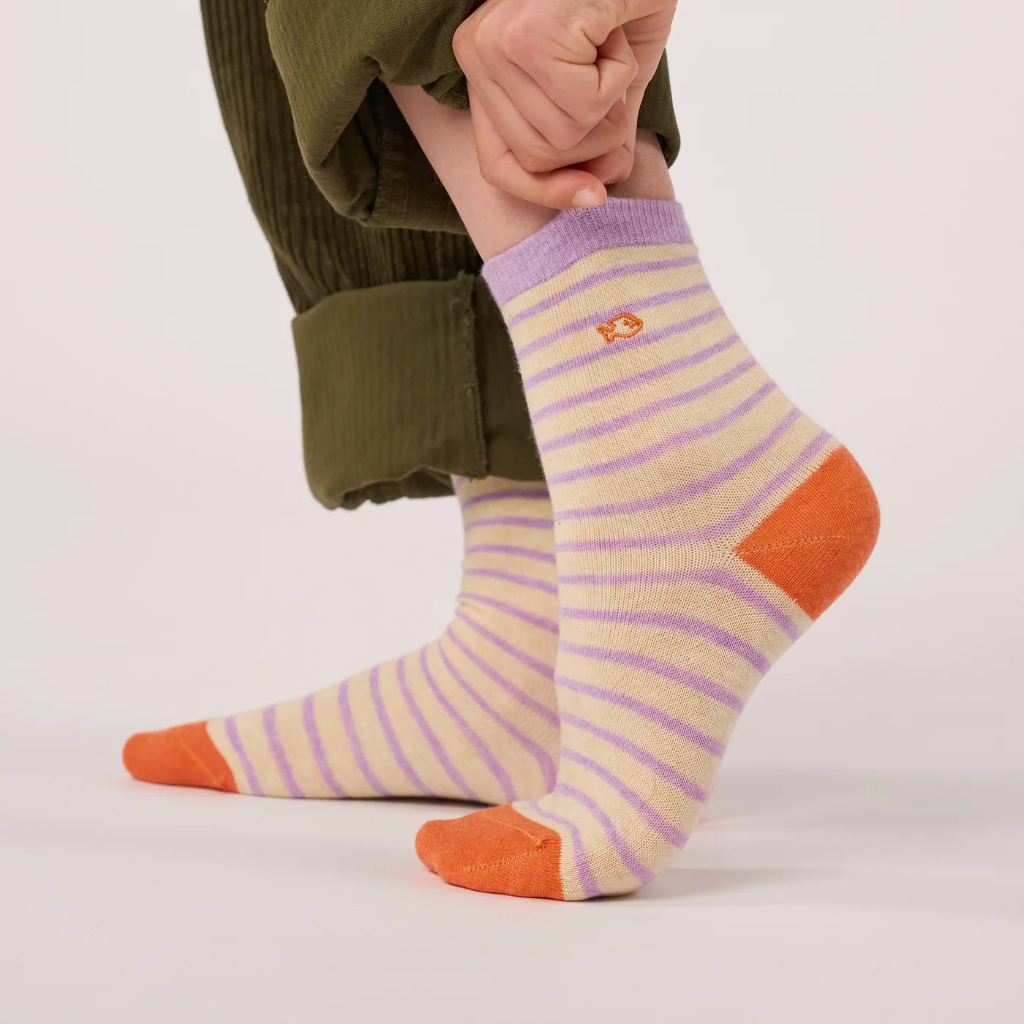 Billybelt - Kindersocken Bio-Baumwolle gestreift - beige, lila