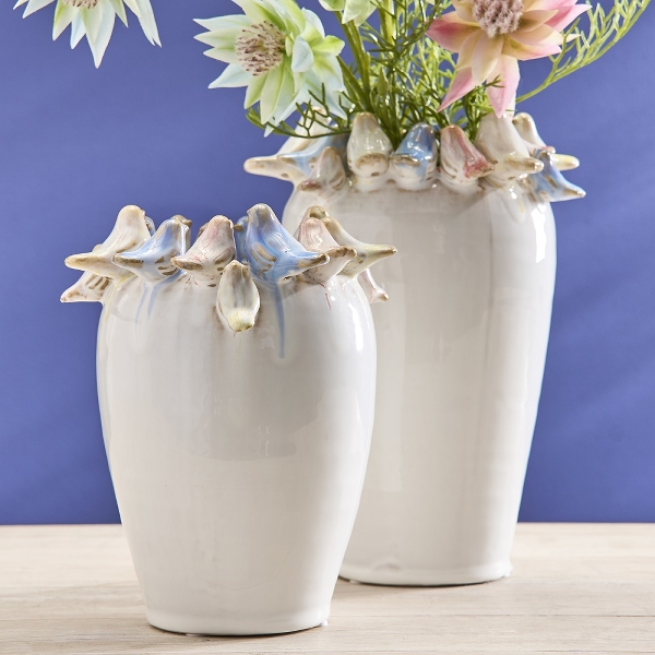 Werner Voss - Vase m. Vögeln, weiß, Steingut 15x15x18 cm