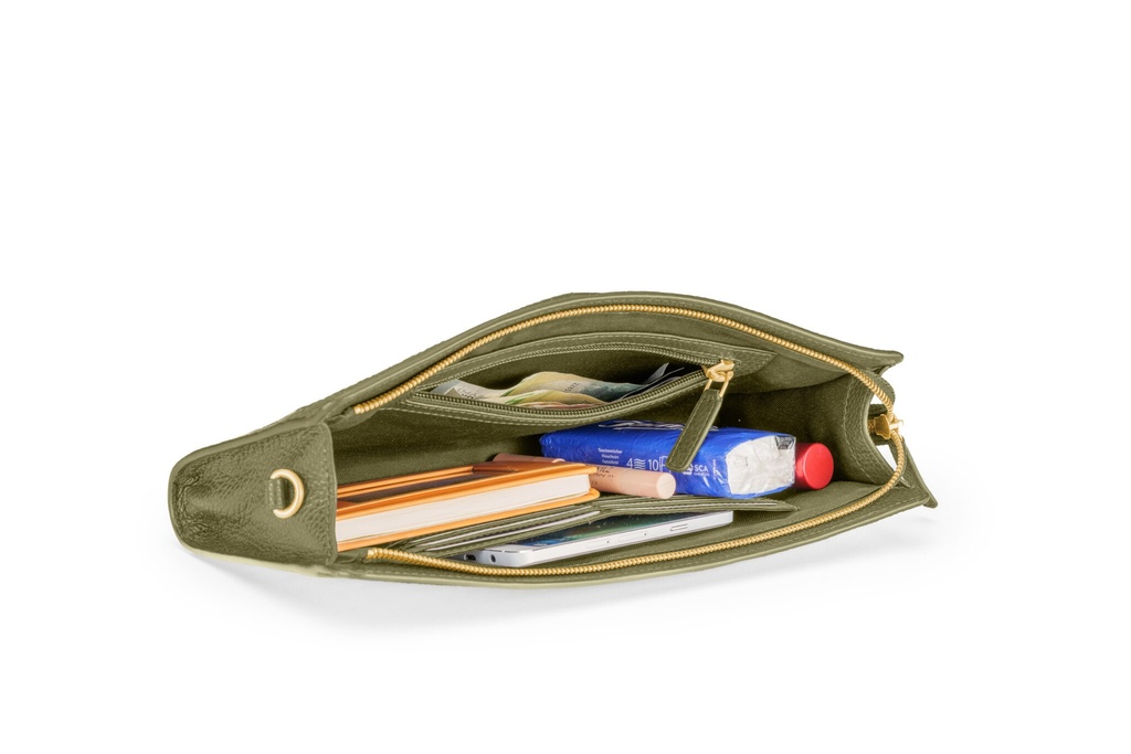 Tragbar XL Clutch Wiener Geflecht | oliv | gold | genarbt