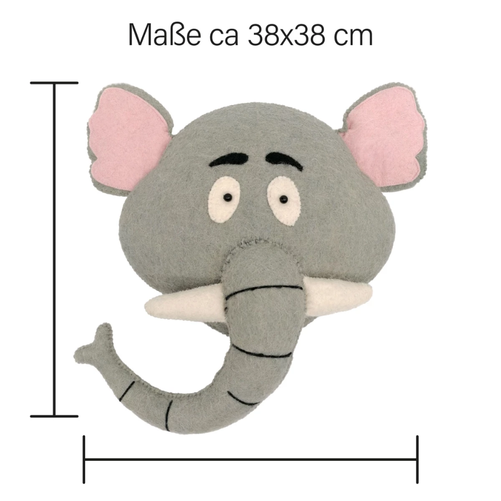 Mea Lini - Wanddekoration Tierkopf Elefant, Wollfilz - 38x7,5x38cm