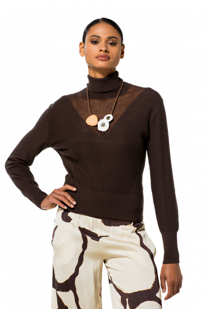 Caroline Biss - FITTED PULLOVER WITH SEMI-SHEER DÉCOLLETÉ - Coffee