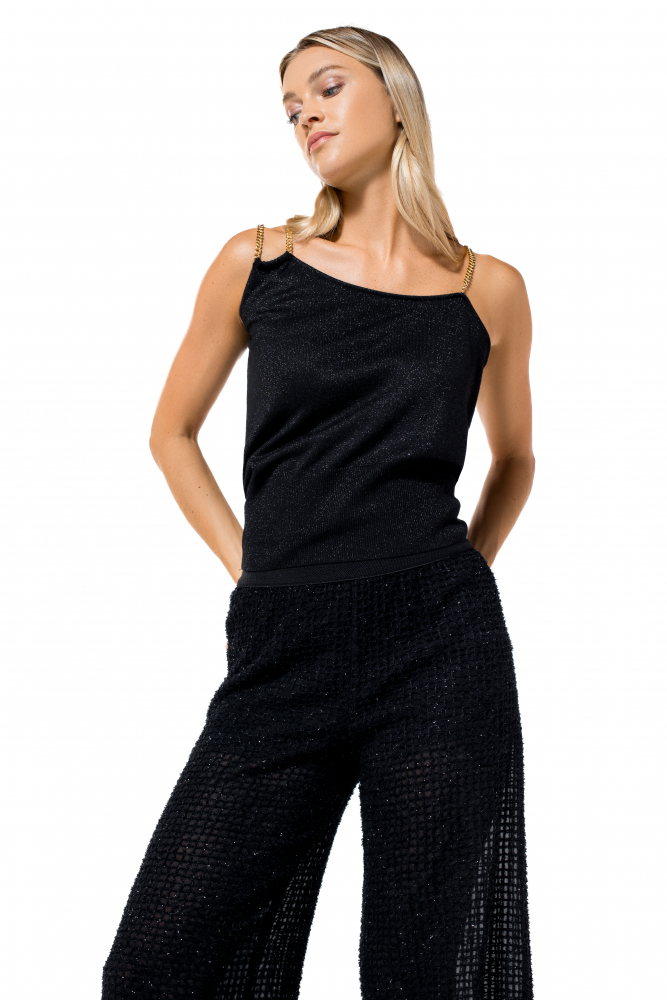 Caroline Biss - FITTED LUREX JERSEY TOP WITH SHOULDER EFFECT - Top - Viskose-Kashmir - einfarbig - Kette - Schwarz