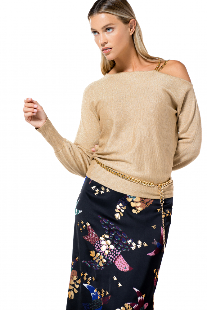 Caroline Biss - LOOSE-FITTING PULLOVER WITH SHOULDER EFFECT - Pullover - Viskose-Kashmir - einfarbig - Kette - Gold