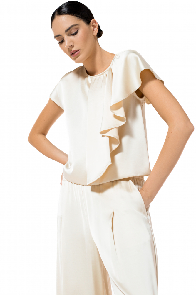 Caroline Biss - SHINY STRAIGHT-FITTING TOP WITH FLOUNCE - Top - Viskose-Mix - einfarbig - Volant - Champagne Gold 