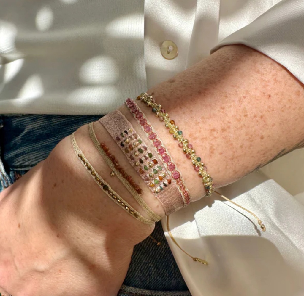 LeJu - BLMARA03SS25 - BRACELET, GLASS BEADS, METALLIC THREADS - Handmade Mara Bracelet Featuring Watermelon Tourmaline and Gold Details