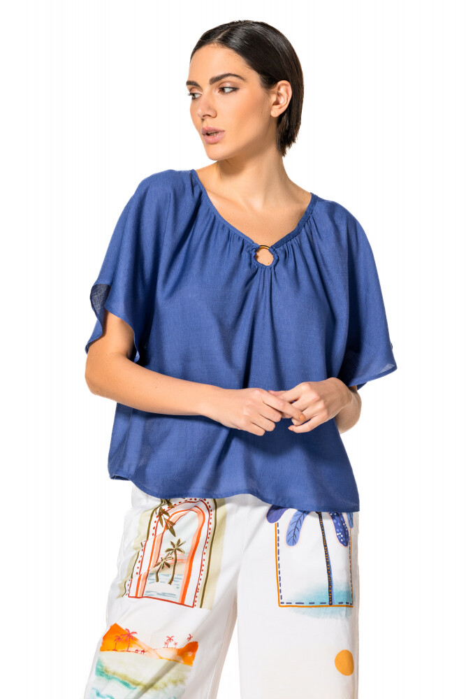 Caroline Biss - TOP - BLEND OF VISCOSE - SOLID - V NECK - DEEP BLUE 