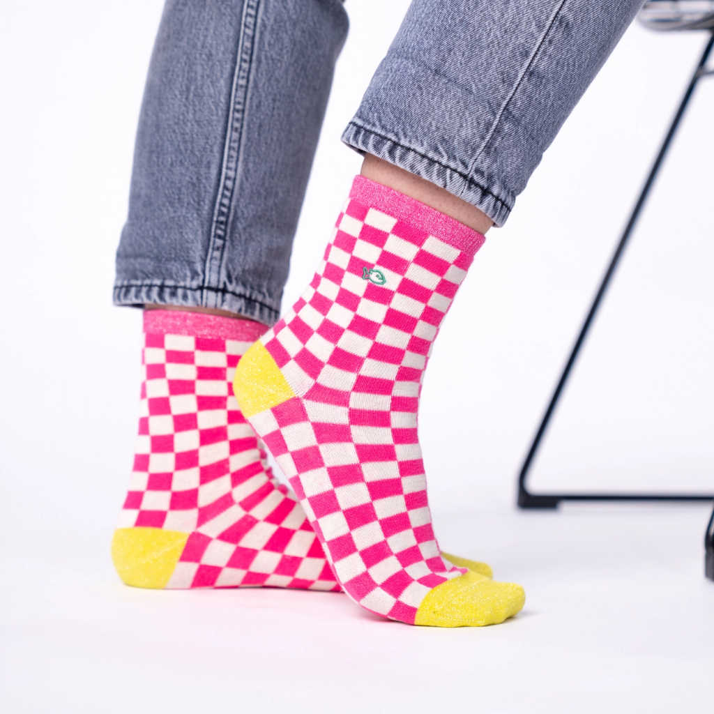 Billybelt - Karo Socken Rosa Weiß - Gr. 37-40