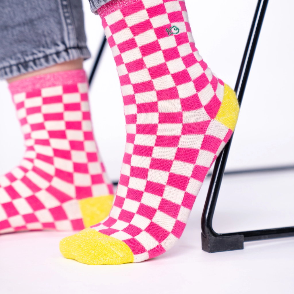 Billybelt - Karo Socken Rosa Weiß - Gr. 37-40
