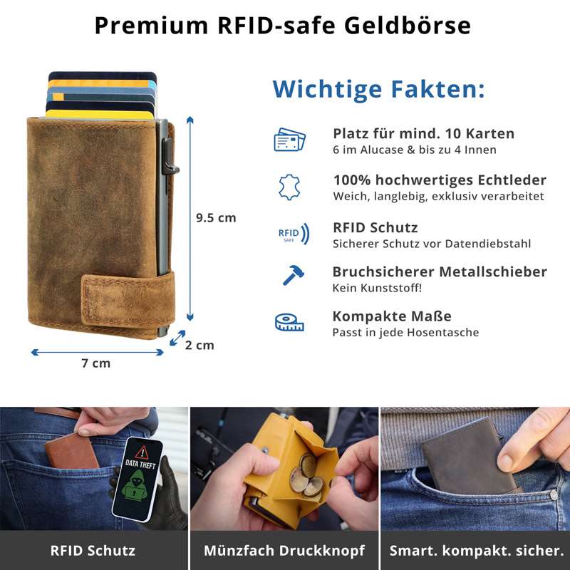 SecWal - Kartenetui mit Geldbeutel Druckknopf braun Leder (Hunter)