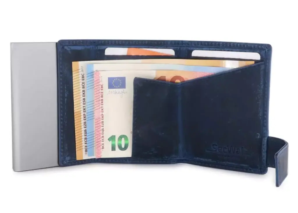 SecWal - Kartenetui mit Geldbeutel Druckknopf blau Leder