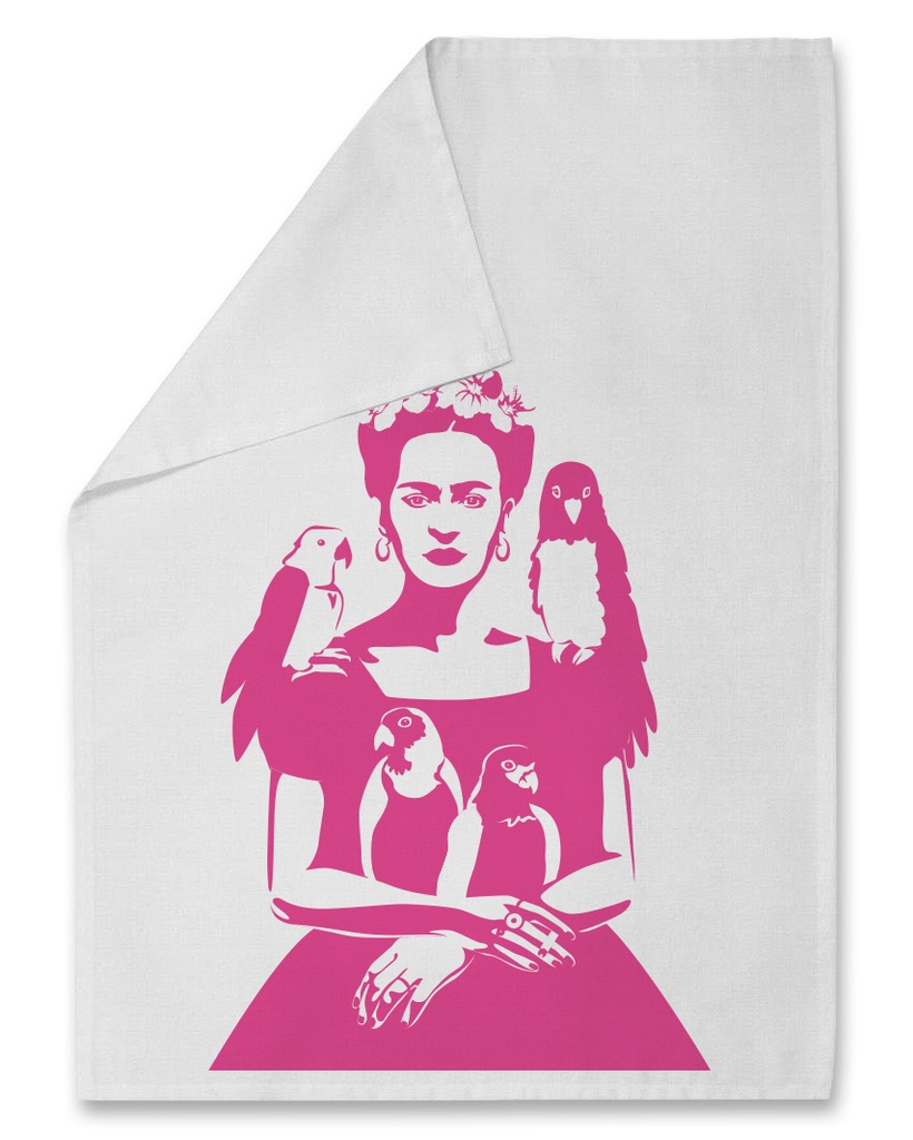 Nobis Design - Geschirrhandtuch FRIDA Neon pink / Mexican Artist with parrots