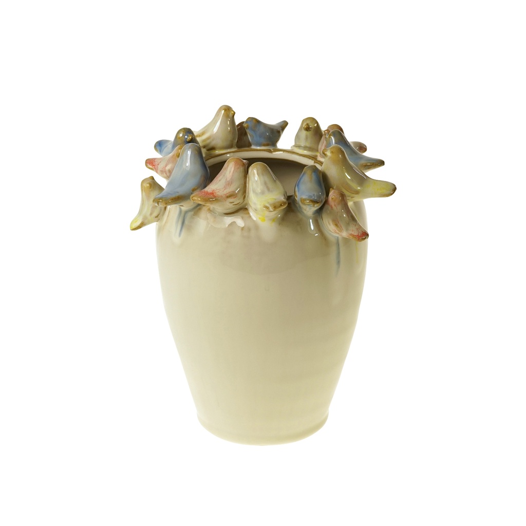 Werner Voss - Vase m. Vögeln, weiß, Steingut 15x15x18 cm