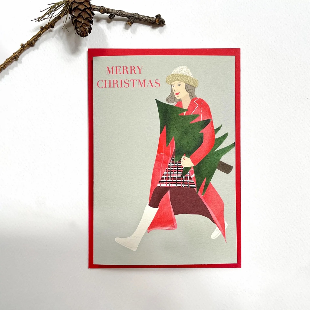 Elena Klein - Klappkarte mit Umschlag - Frau Tannenbaum unterm Arm Frohe Weihnachten