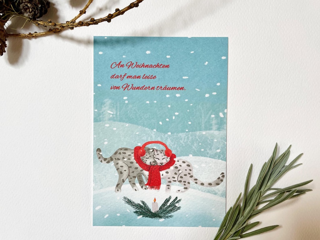 Elena Klein - Postkarte - Winterwunder Schneeleoparden - Spruch