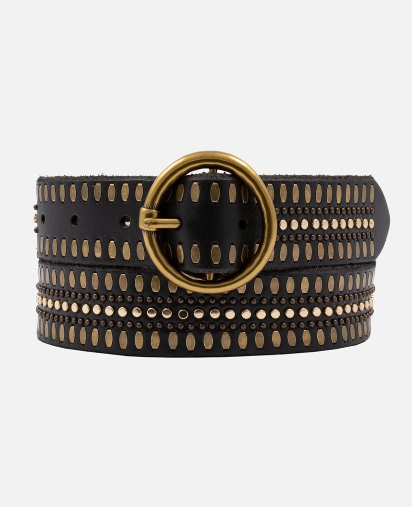 Amsterdam Heritage - Soraya Black - Nietenledergürtel mit Goldener Runder Schnalle - 95cm