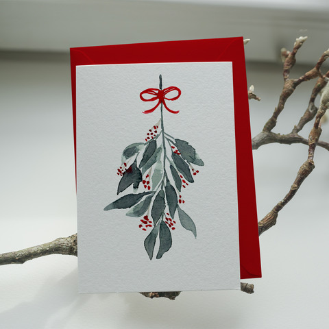 Elena Klein - Klappkarte mit Umschlag - Weihnachtsstrauß mit Schleife / Zweige Beeren / Mistelzweig