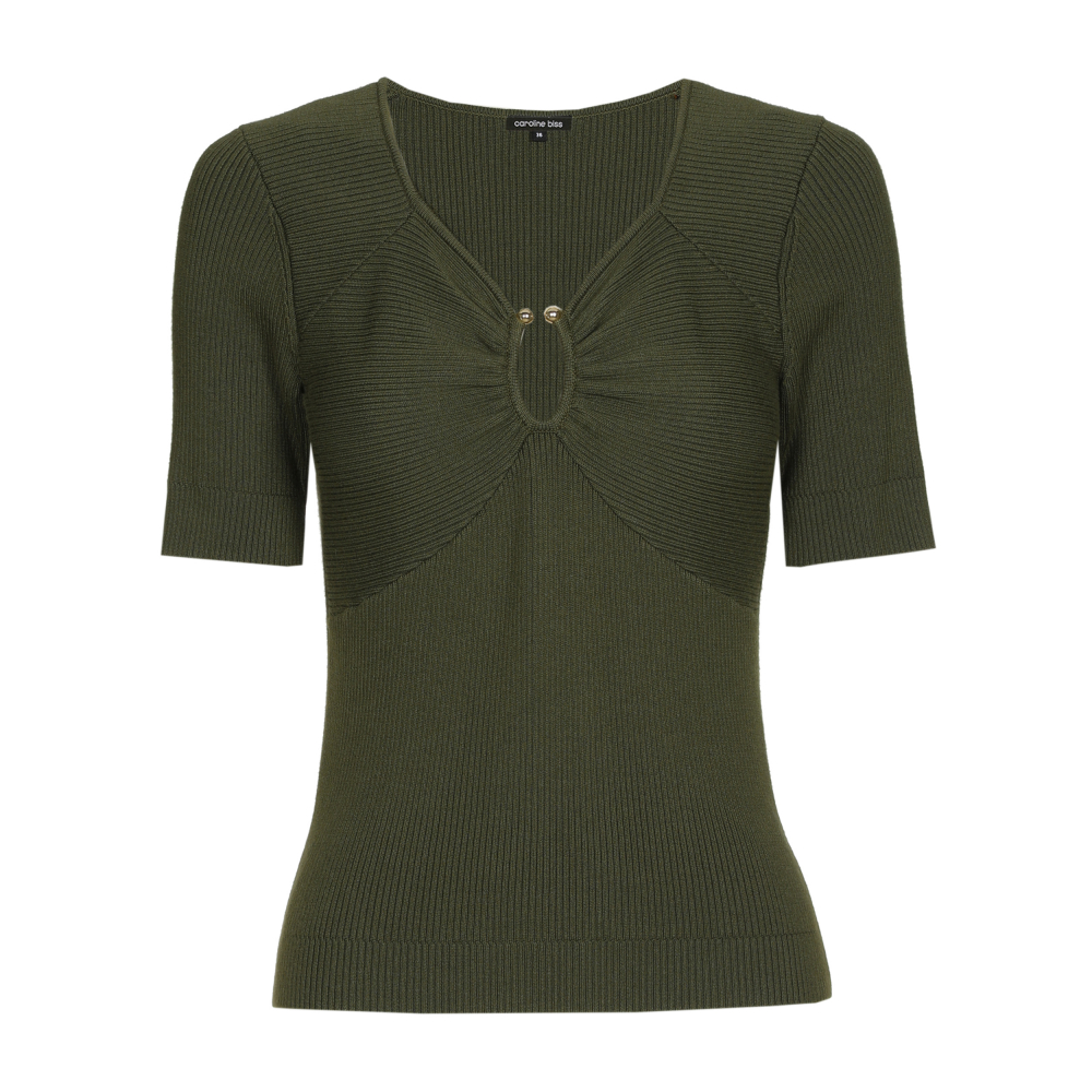 Caroline Biss - FITTED FEMININE RIB-KNIT PULLOVER dark khaki