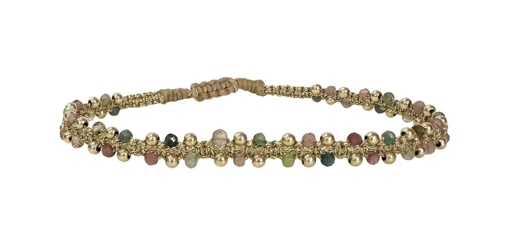 LeJu - BLMARA03SS25 - BRACELET, GLASS BEADS, METALLIC THREADS - Handmade Mara Bracelet Featuring Watermelon Tourmaline and Gold Details