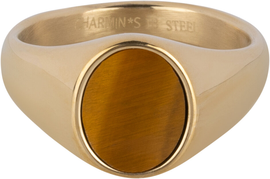 Charmins Ring - R1478 - Gold-colored Signet Ring with Flat Oval Tiger Eye Gemstone Steel
