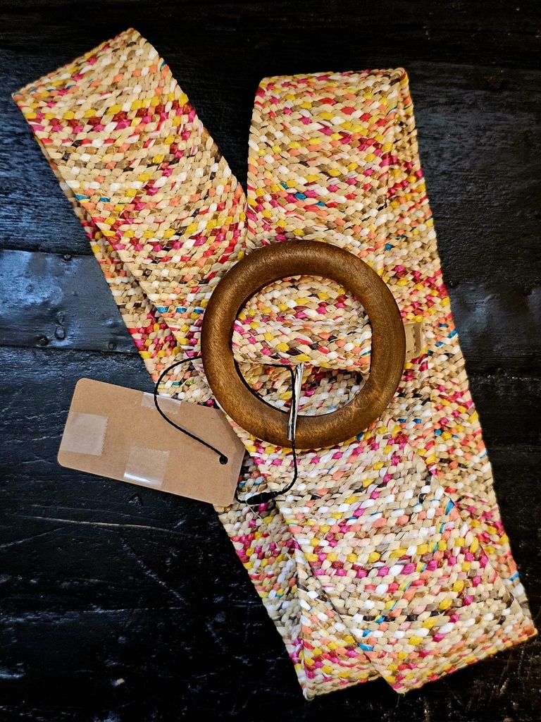 Elastischer, geflochtener Gürtel bunt mit Holzschnalle