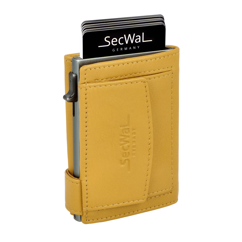 SecWal - Kartenetui mit Geldbeutel Münzfach Druckknopf Leder gelb (Glattleder)