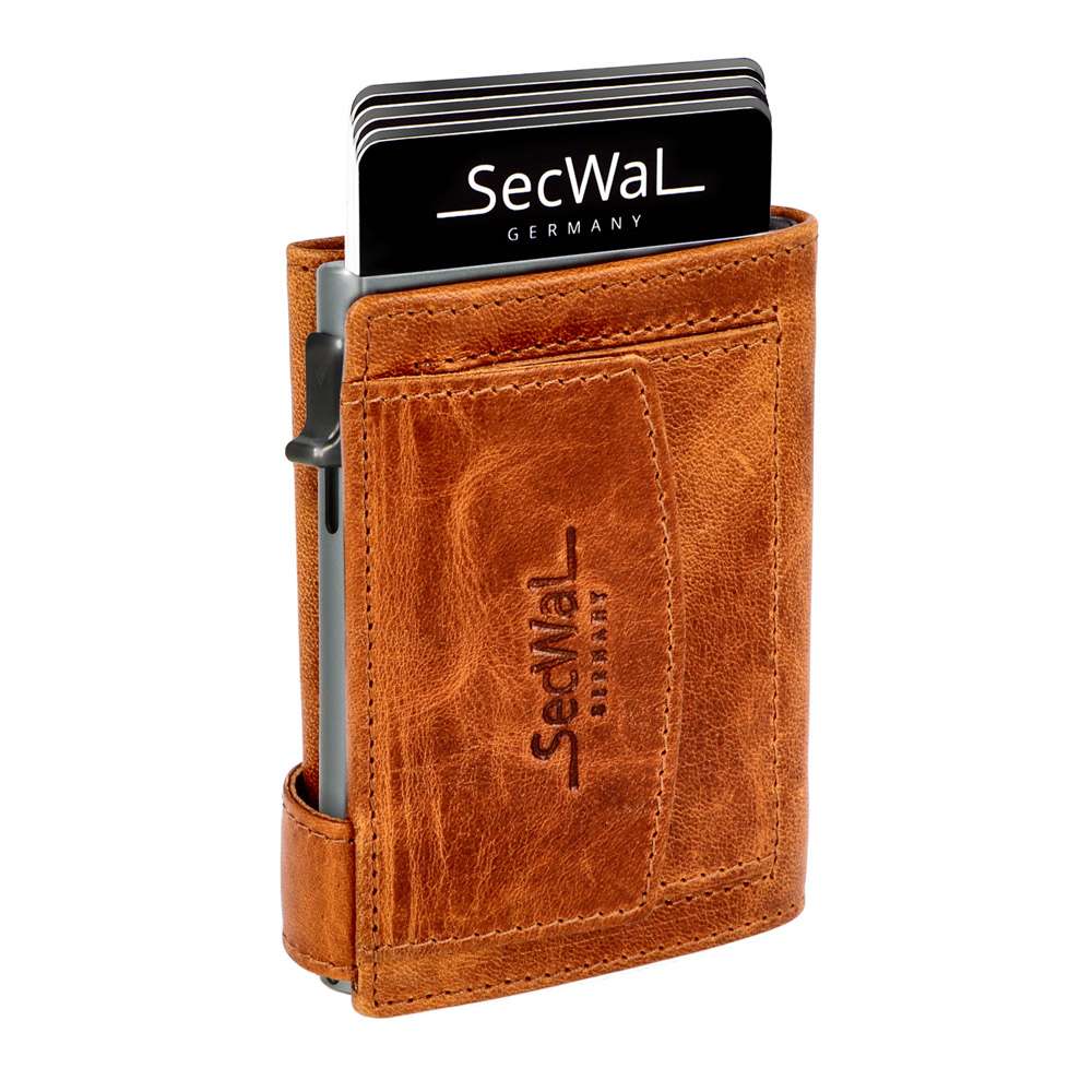 SecWal - Kartenetui mit Geldbeutel Münzfach Druckknopf Leder cognac (Dallas)