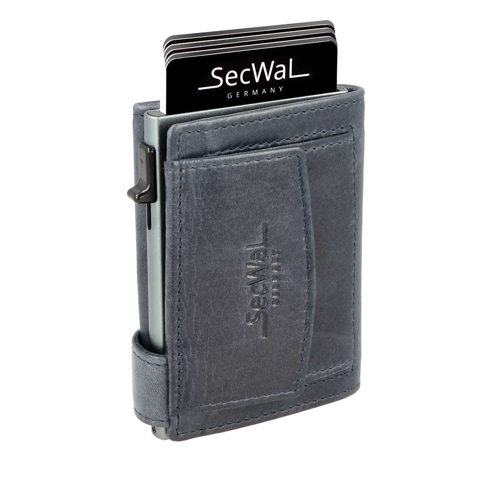 SecWal - Kartenetui mit Geldbeutel Druckknopf blau Leder (Vintage)