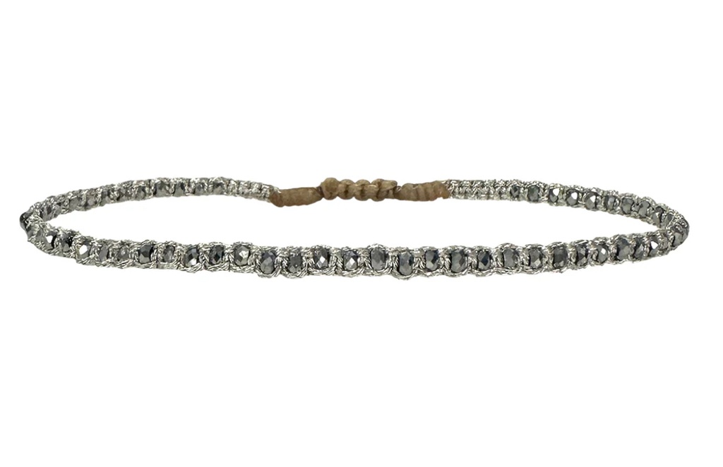 LeJu - Thin Bracelet silver metallic threads with silver glass beads