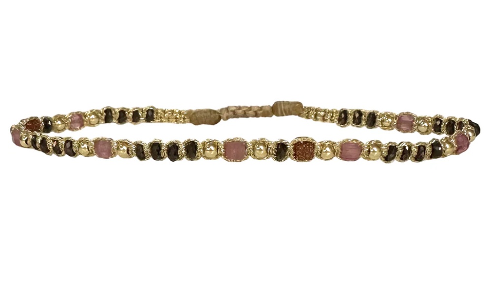 LeJu - Bracelet gold metallic threads with lilac, grey, copper, gold glass beads