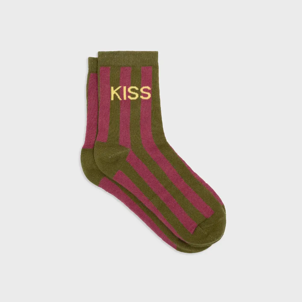 Billybelt - Baumwollsocken KISS gestreift - khaki pflaume