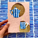 Elena Klein - Postkarte - Kaffeezeit (Kaffeekanne und Tasse) - Flecken mit echtem Kaffee