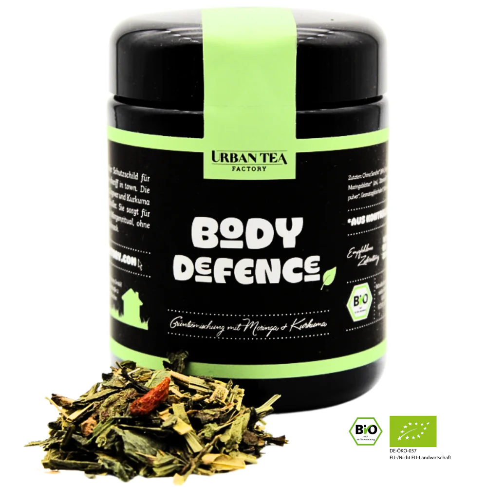 Urban Tea - Body Defence - Bio Grünteemischung mit Moringa & Kurkuma im Violettglas - 50g