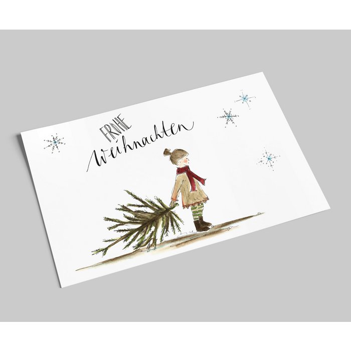 Annelis Art - Postkarte - Frohe Weihnachten, kleines Mädchen mit Tannenbaum
