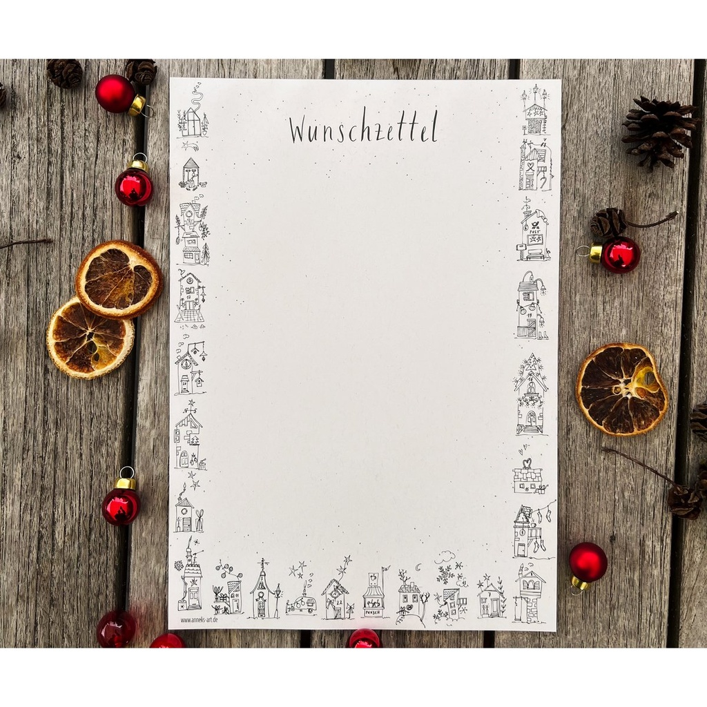 Annelis Art - Wunschzettelpapier, Din A4, 25 Blatt, Wunschzettel und winterliche Häuschen