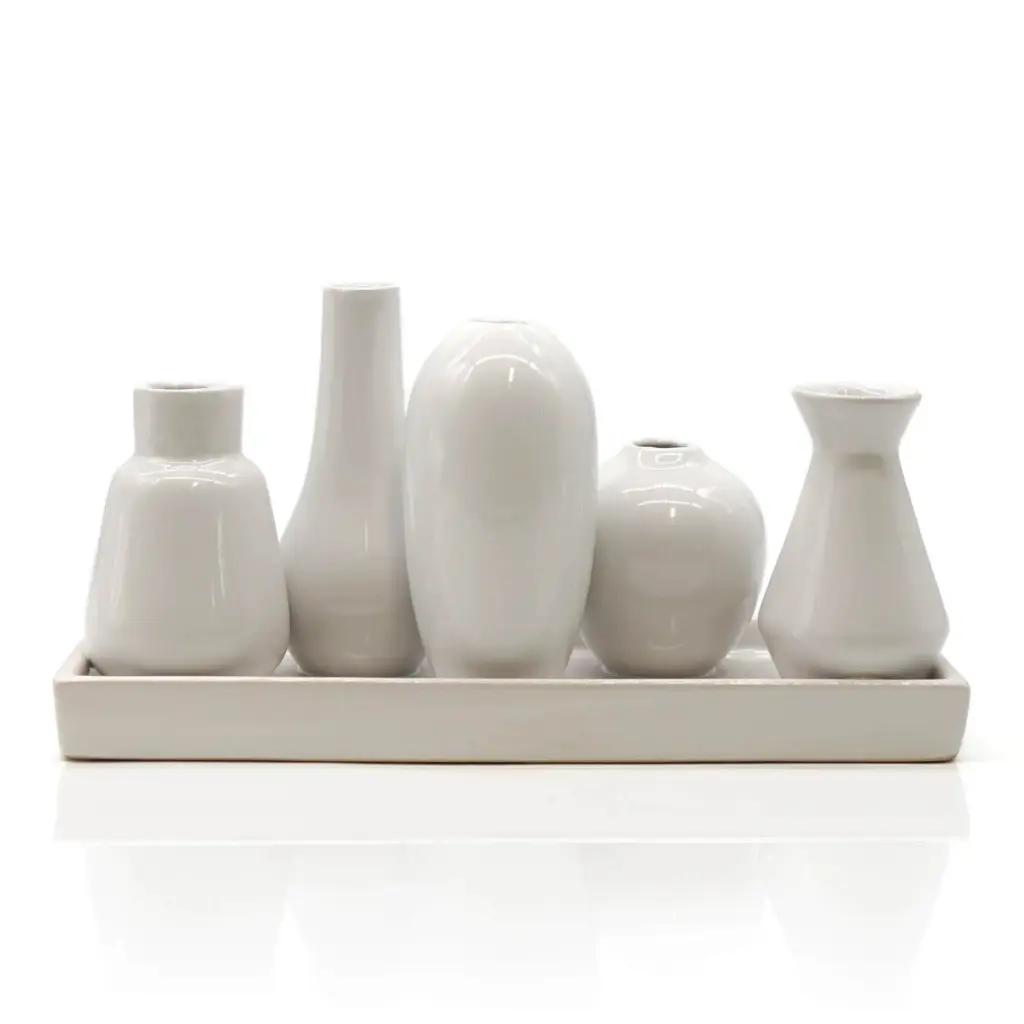 Mea Living - 5 Väschen "bauchig" auf Tablett aus Keramik weiß groß