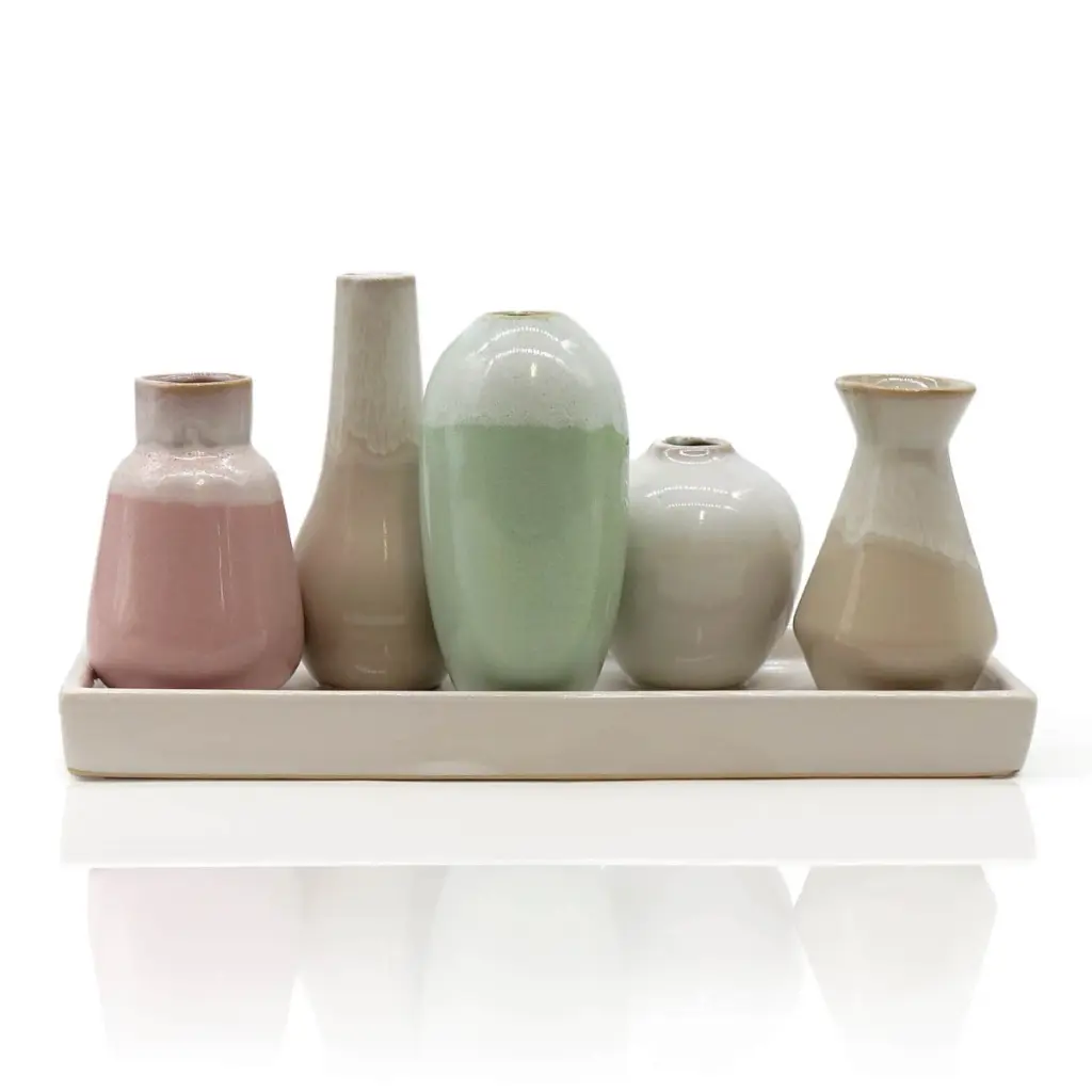 Mea Living - 5 Väschen "bauchig" auf Tablett aus Keramik multicolor groß