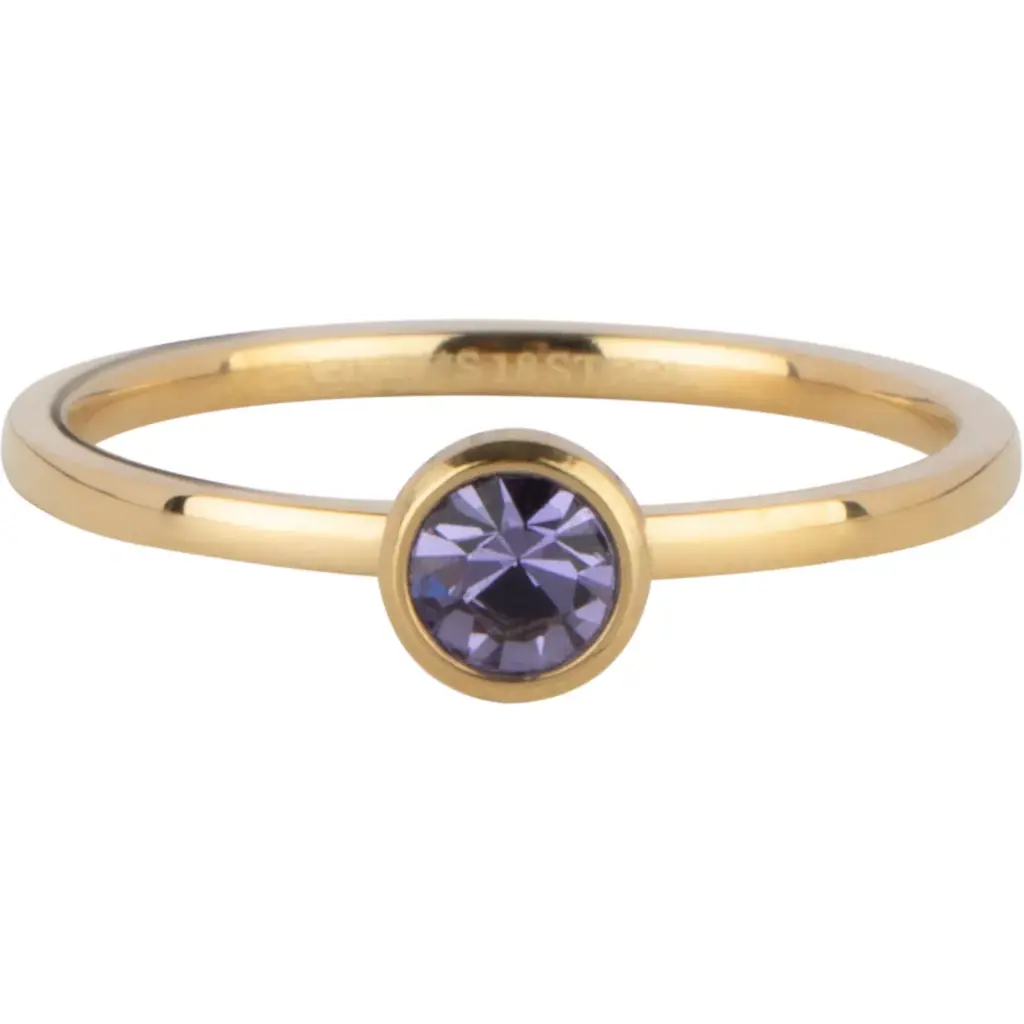 Charmins Ring - R1594 - Gold Colored Ring Birthstone February Purple Lilac Crystal Steel Iconic