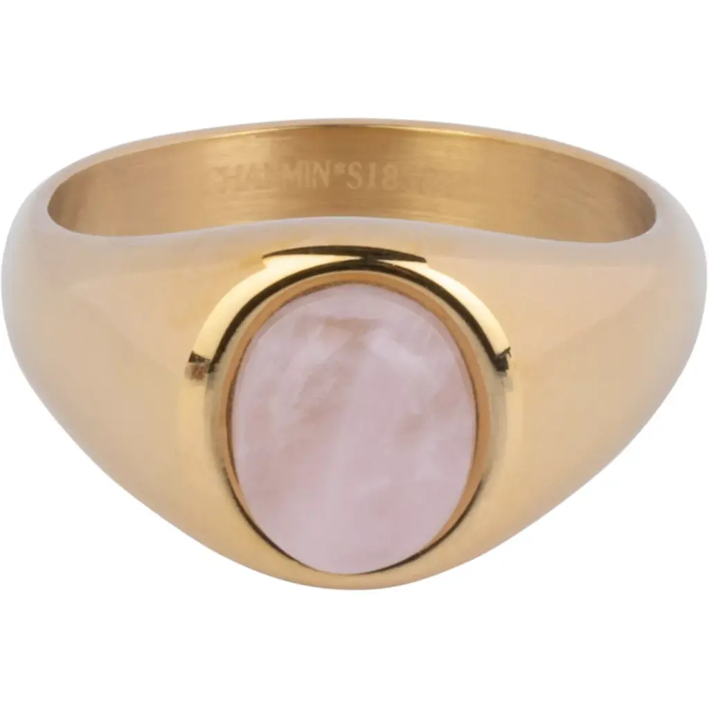 Charmins Ring - R1269 - Gold-colored Signet Ring with Oval Light-pink Rose Quartz Gemstone Steel