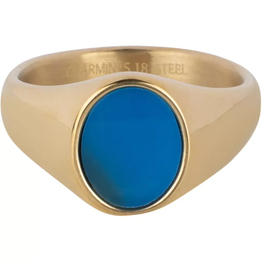 Charmins Ring - R1484 - Gold-Colored Signet Ring with Flat Oval Synthetic Blue Gemstone Steel