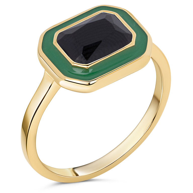 Charmins Ring - R1778 - Gold-Tone Chunky Ring Green Enamel and Black Stone Bold and Sophisticated