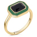 Charmins Ring - R1778 - Gold-Tone Chunky Ring Green Enamel and Black Stone Bold and Sophisticated