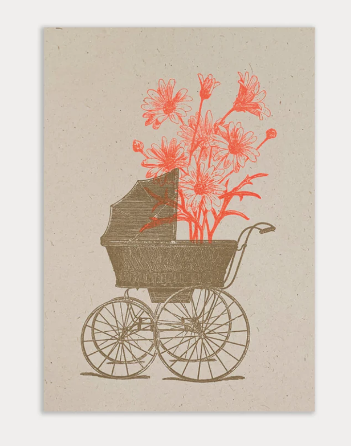 Togethery - Riso-Druck Postkarte Ökopapier - Kinderwagen mit Blume