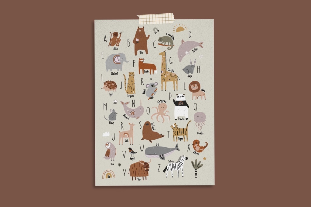 Modern Kids Art - Postkarte - Alphabet Karte Tiere