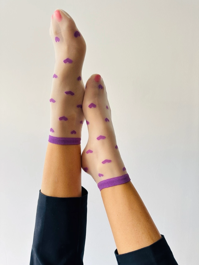 Sockette - Transparente Socken - Louise - lila Herzchen