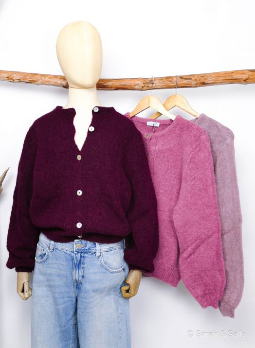 Alpaka Strickjacke Rundhalsausschnitt - Sommerflieder
