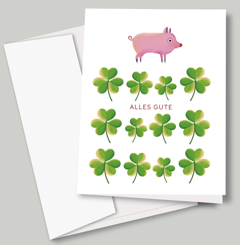Luckycatstudio - Klappkarte mit Umschlag - Kleeblätter Schweinchen Alles Gute