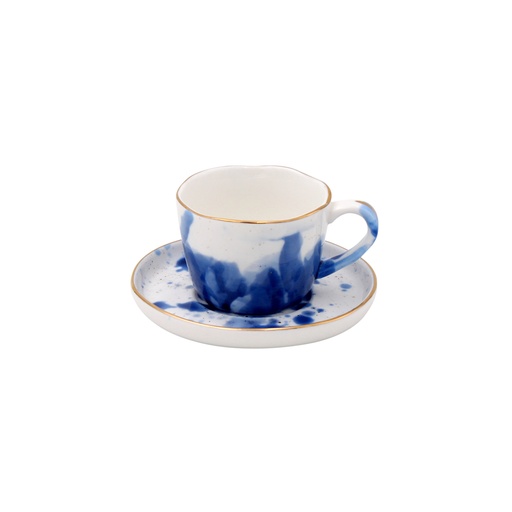 [48082] Werner Voss - Espressotasse mit Untertasse Marine Splash, weiß/blau/gold, Porzellan,11x5,5cm