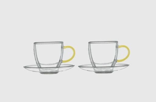 [213001] Aulica - Doppelwandige Tassen und Untertassen mit gelbem Griff, 4 teiliges Set (2 Tassen mit Untertasse)