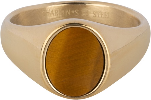 Charmins Ring - R1478 - Gold-colored Signet Ring with Flat Oval Tiger Eye Gemstone Steel